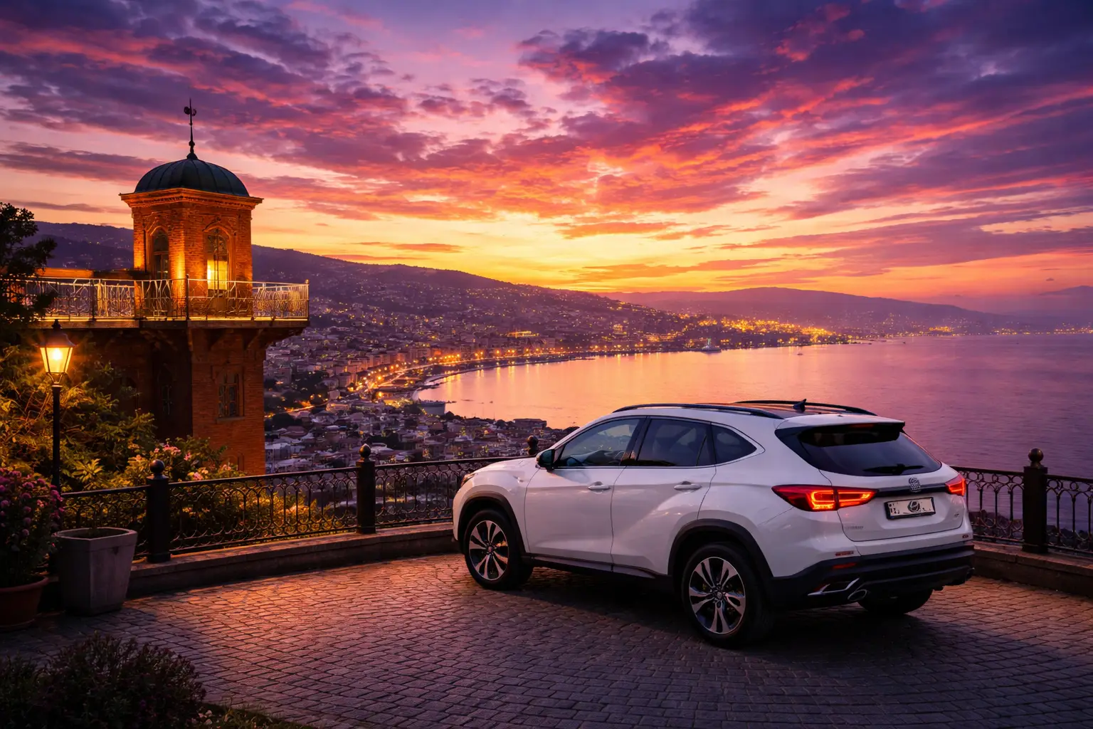 Sahil yolunda ilerleyen araç